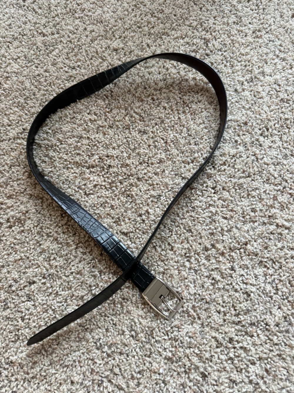 Black Croc-Embossed Thin Belt with Silver Buckle